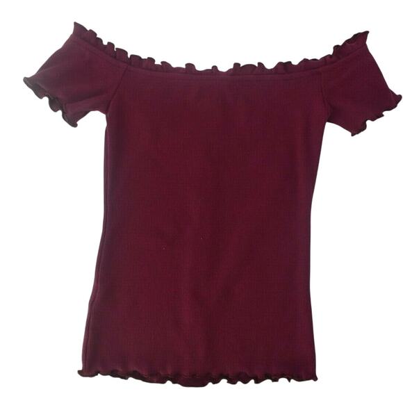 Aero Seriously Soft Burgundy Rib Knit Lettuce Trim Off Shoulder Top XS - Picture 4 of 5
